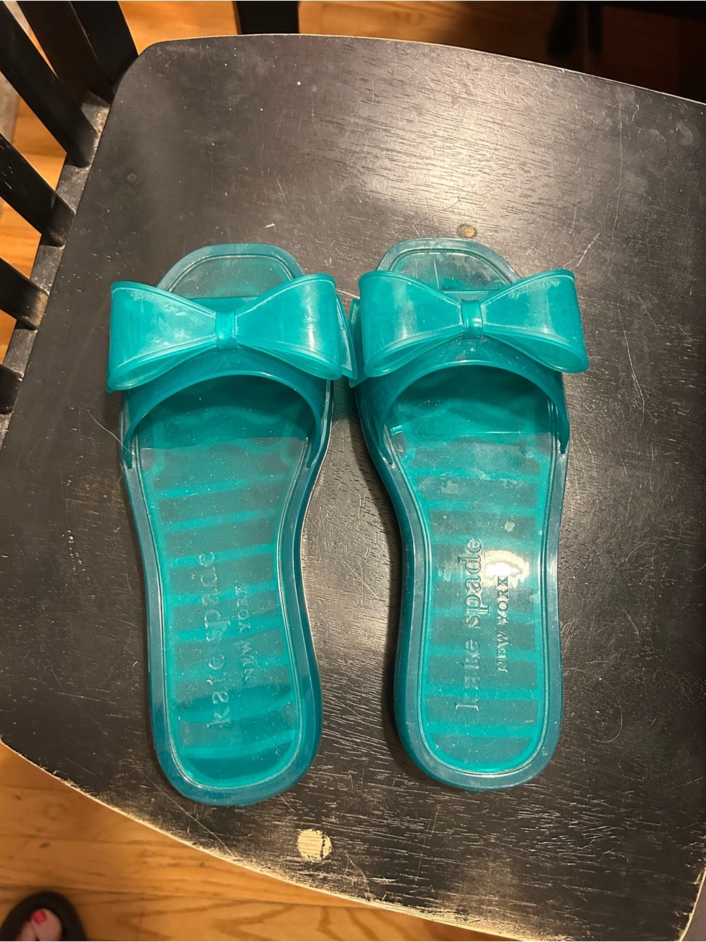 kate spade Teal Jelly Bow Slide Sandals